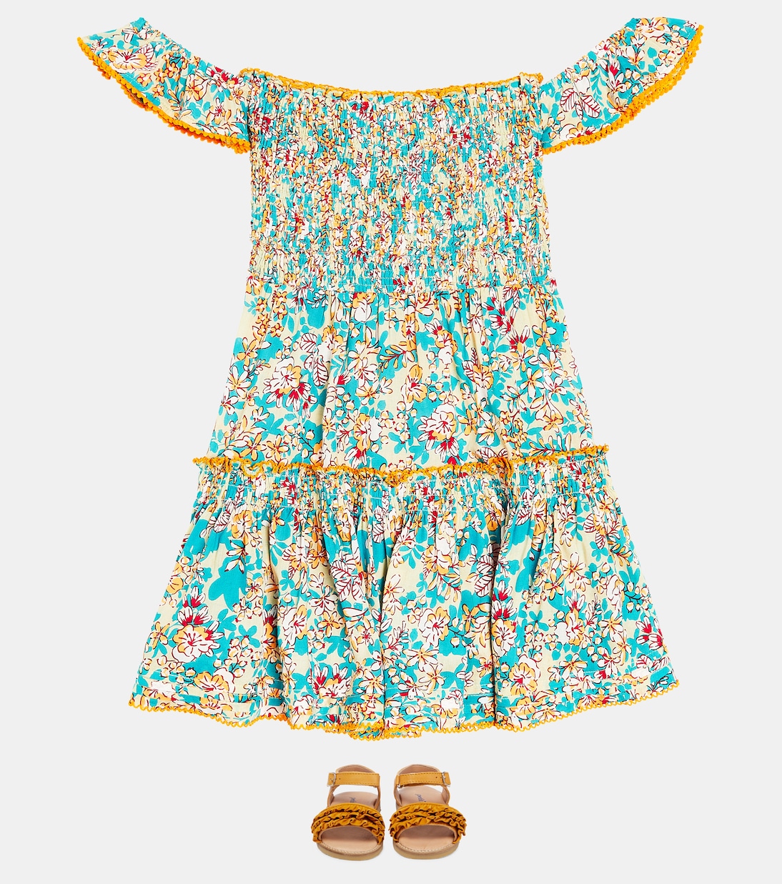 Robe Aurora à encolure bardot et fleurs | Poupette St Barth Kids