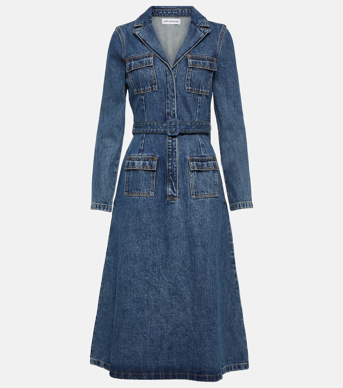 Belted denim midi dress | Self-Portrait