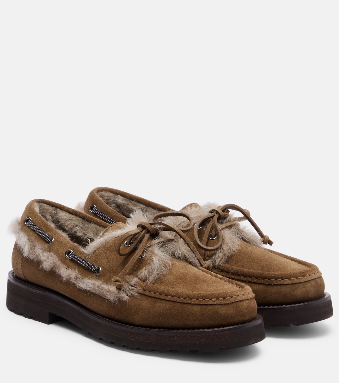 Segelschuhe aus Veloursleder mit Shearling | Brunello Cucinelli