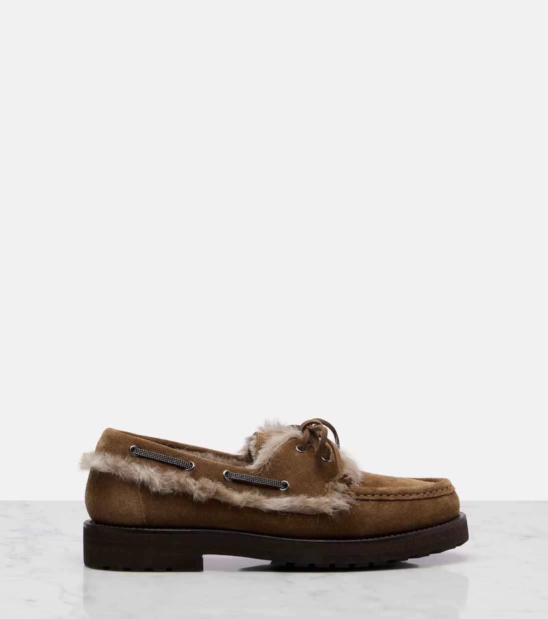Segelschuhe aus Veloursleder mit Shearling | Brunello Cucinelli