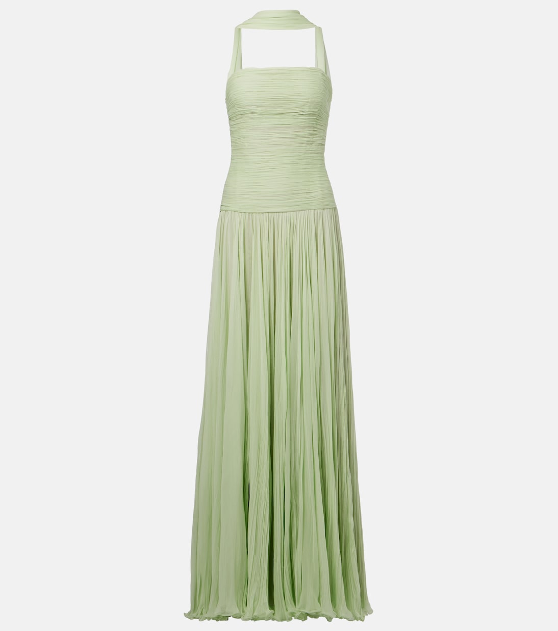 Pleated scarf-detail silk georgette gown | Marmar Halim