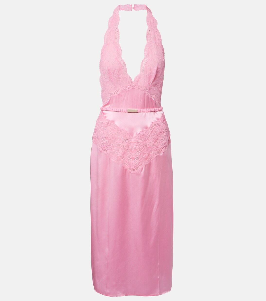 Abito midi in raso di seta con cintura e pizzo | Gucci