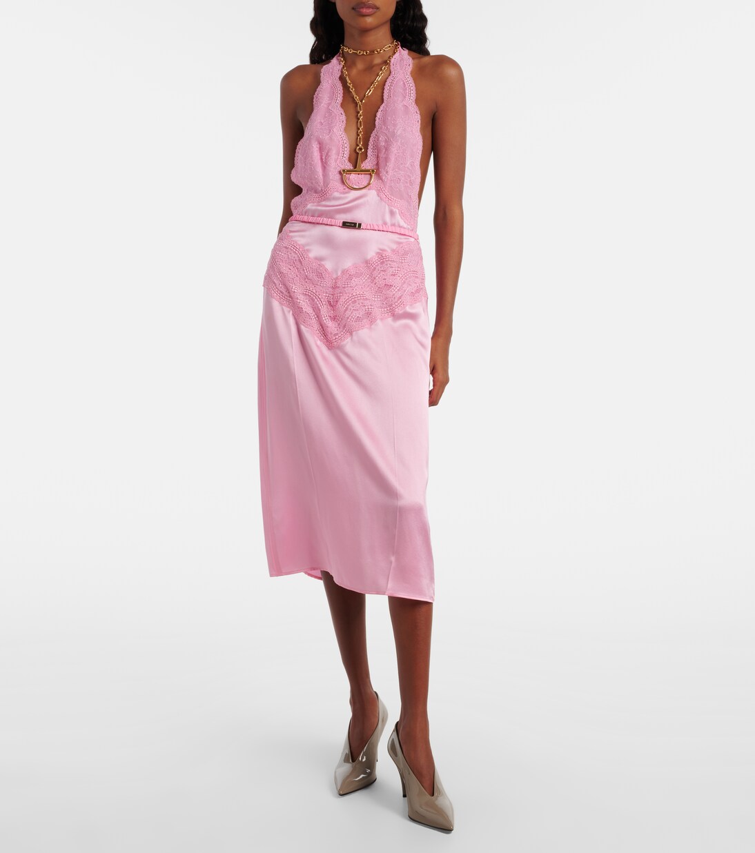 Abito midi in raso di seta con cintura e pizzo | Gucci