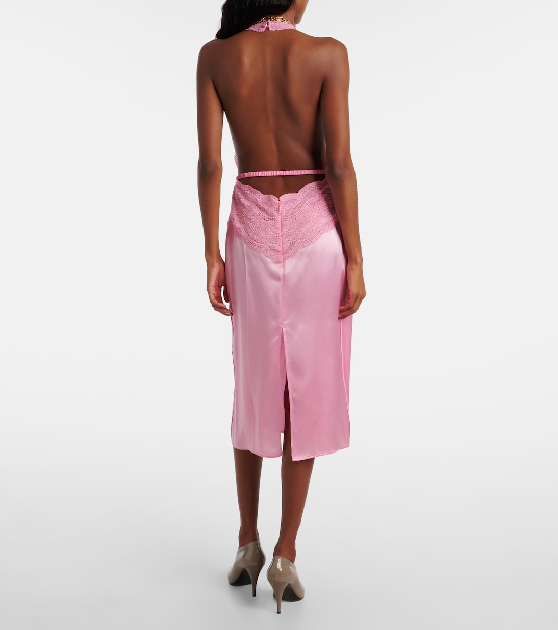 Abito midi in raso di seta con cintura e pizzo | Gucci