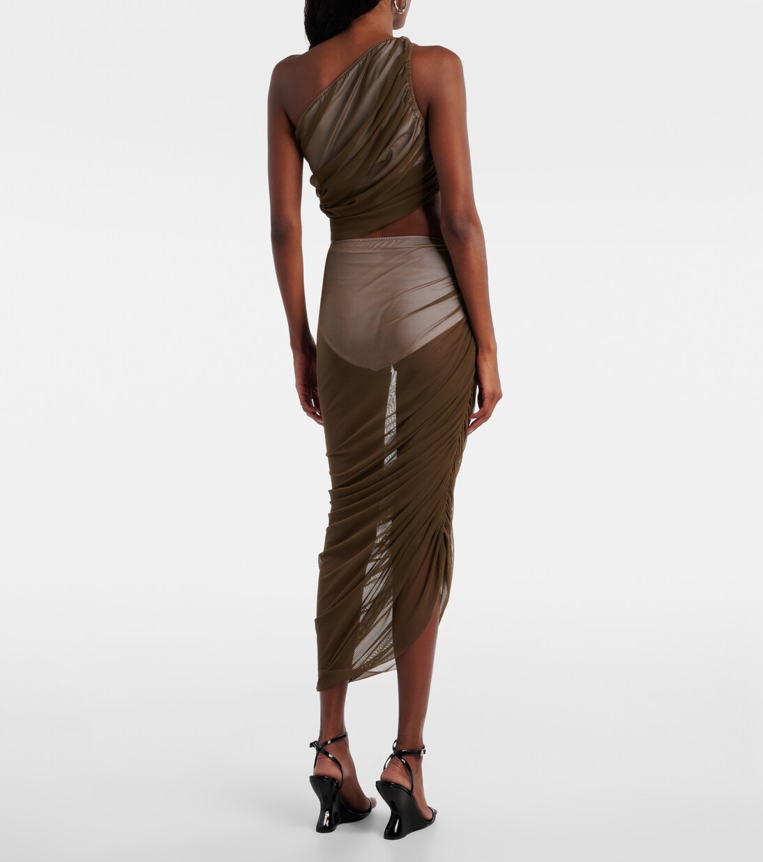 Diana ruched asymmetric midi skirt | Norma Kamali