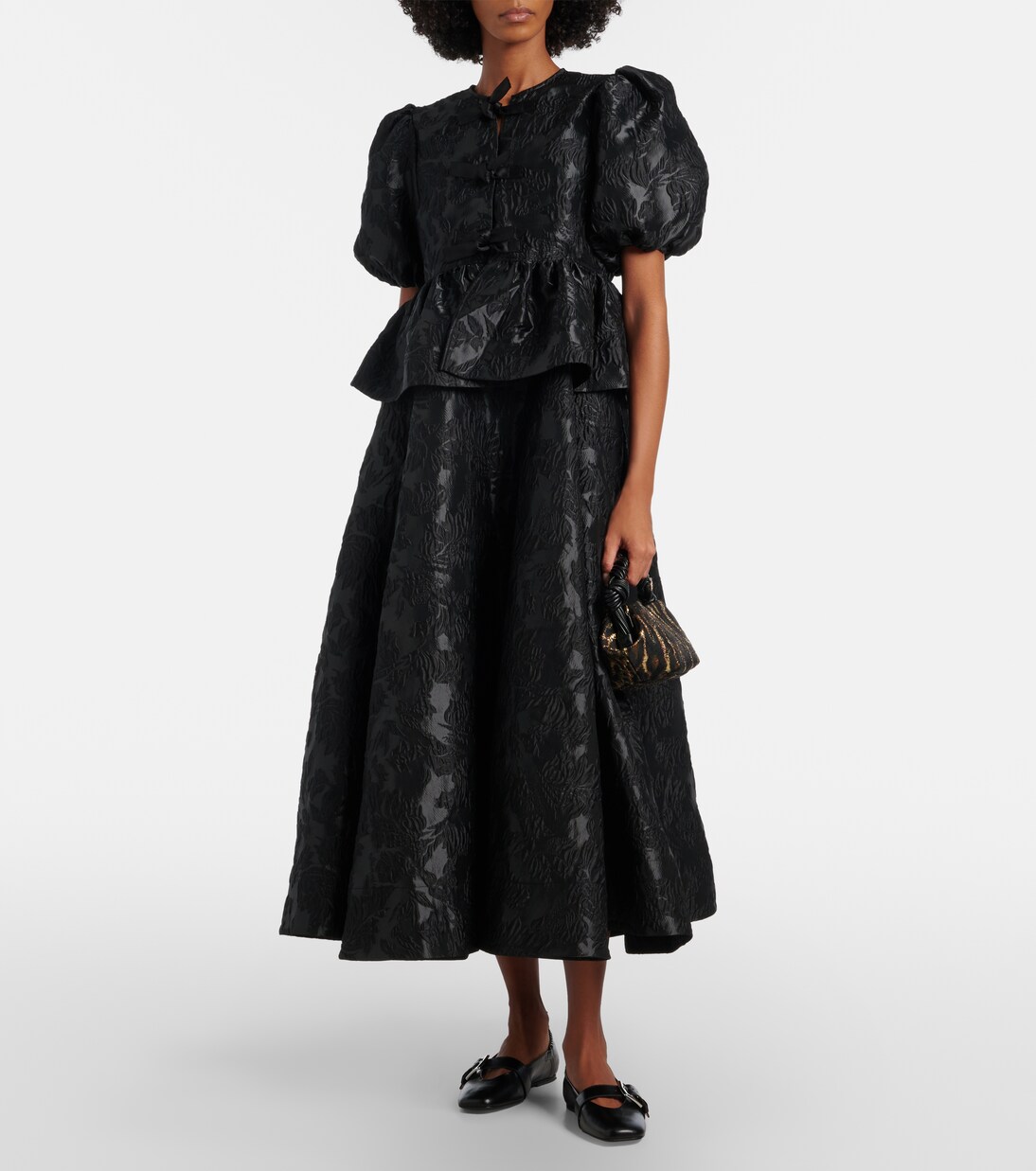 Bow-detail floral peplum satin blouse | Ganni