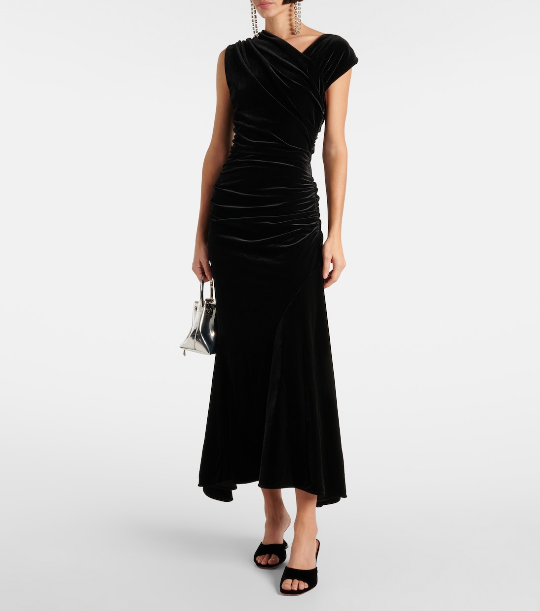 Asymmetric ruched velvet midi dress | Ganni