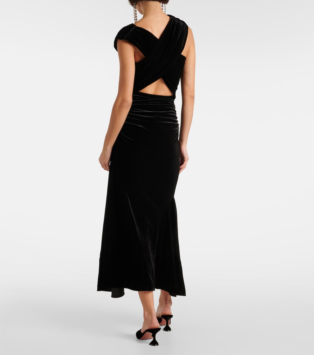 Asymmetric ruched velvet midi dress | Ganni