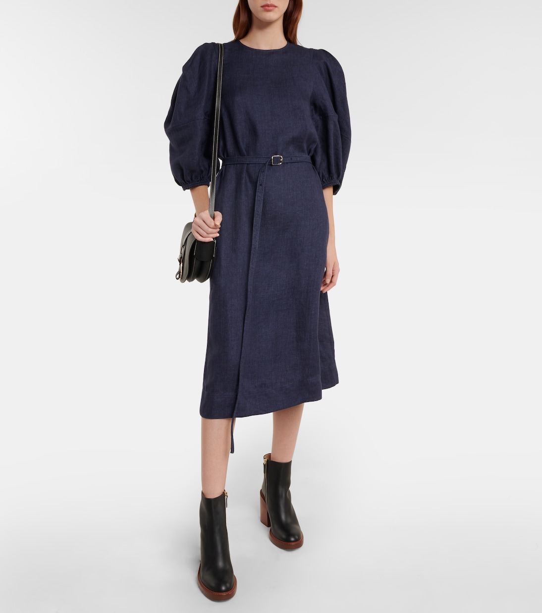 Puff-sleeve linen midi dress | Chloé