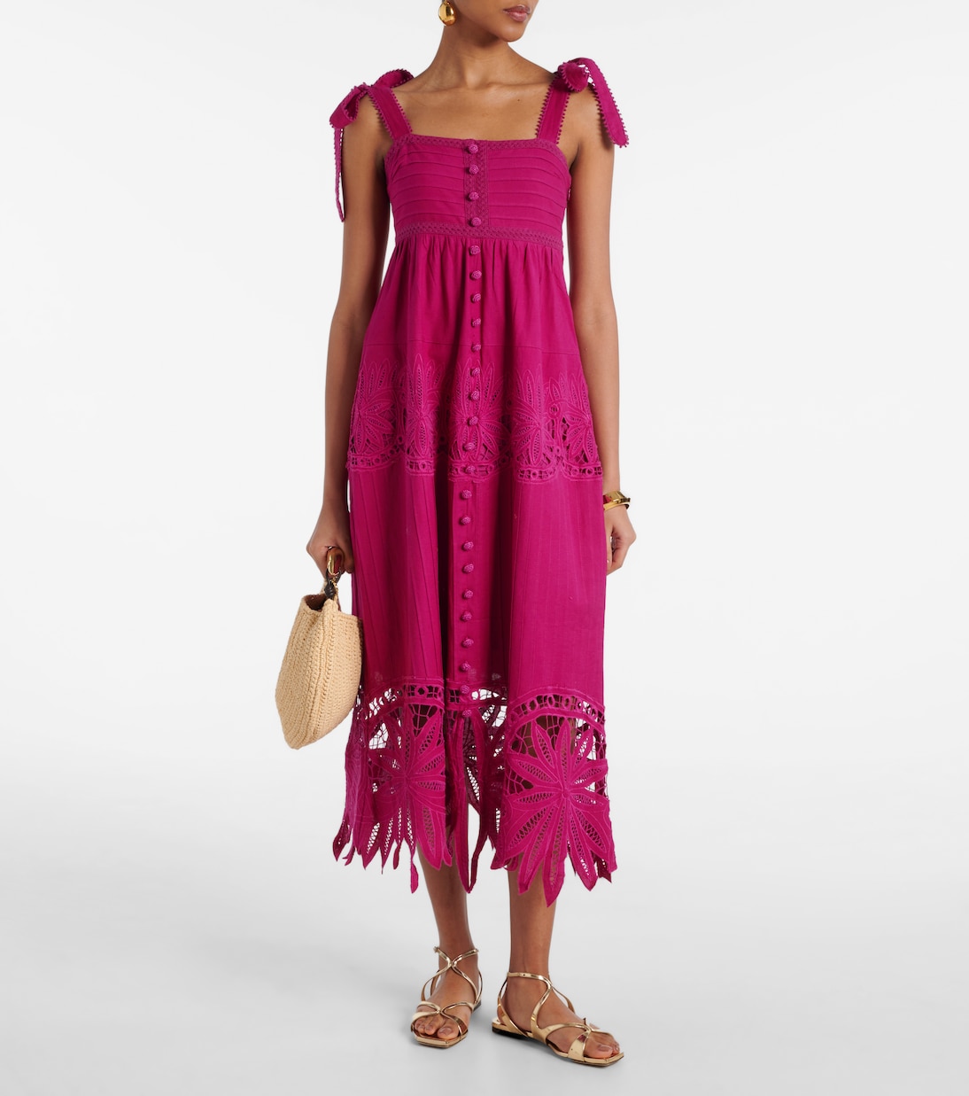 Vestido midi de algodón y lino bordado | Farm Rio