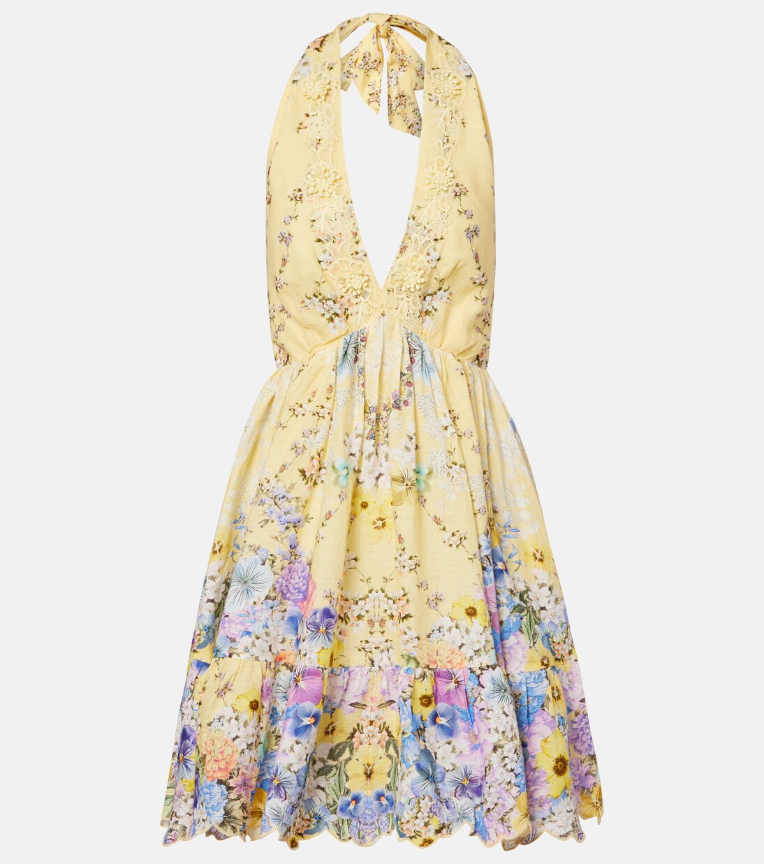 缀饰花卉挂脖亚麻迷你连衣裙 | Camilla