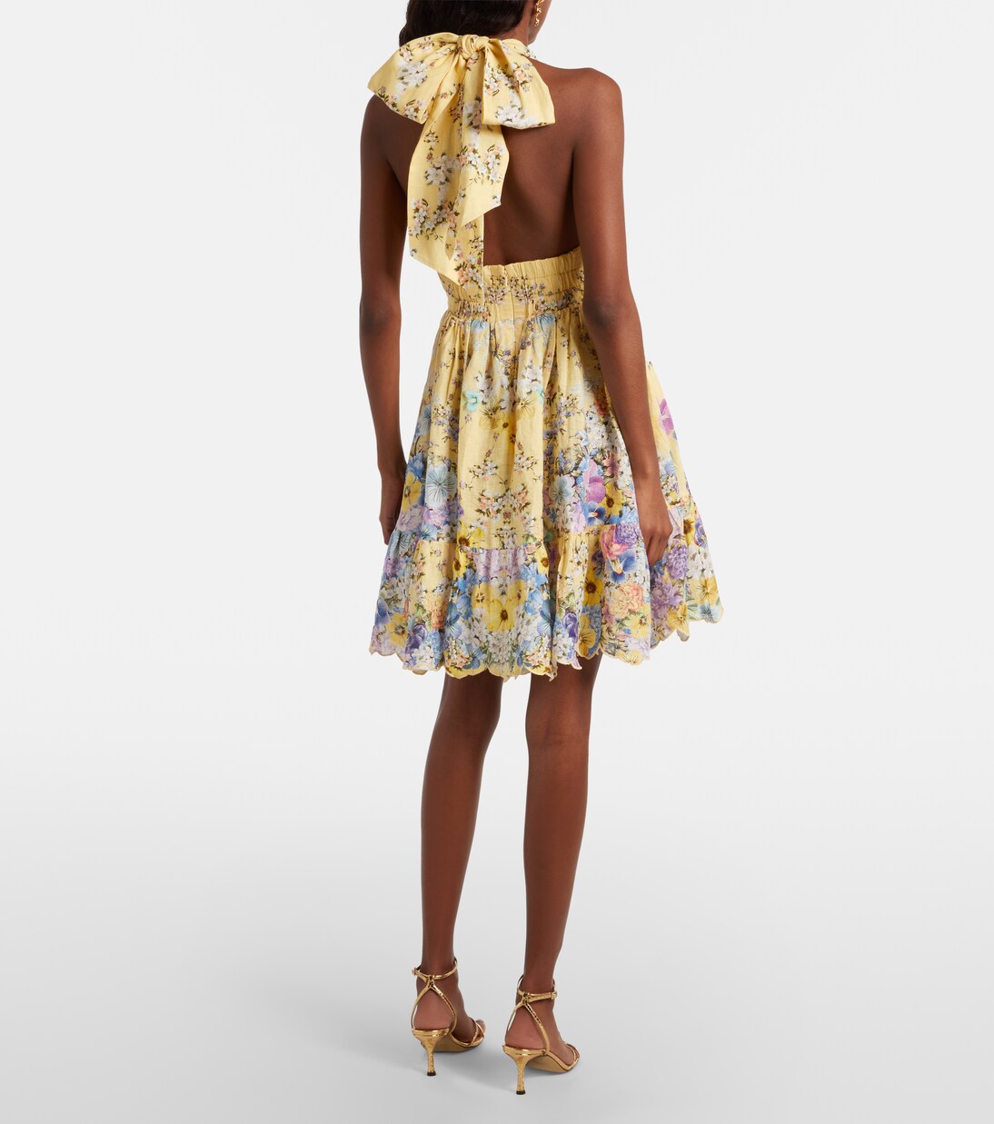 缀饰花卉挂脖亚麻迷你连衣裙 | Camilla