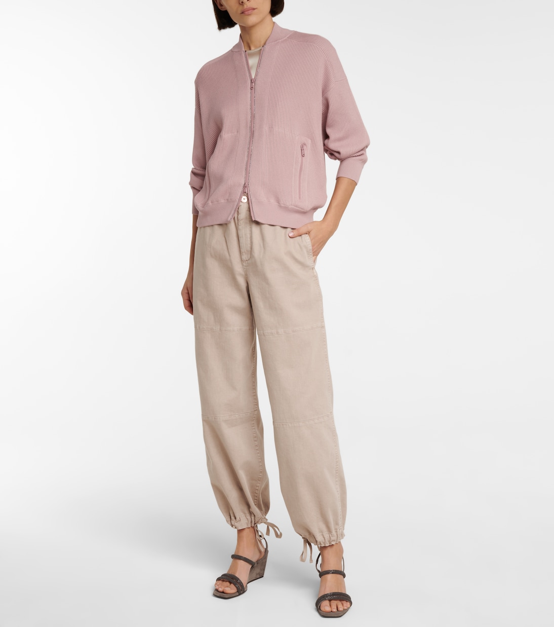 Pantalon ample à taille haute en coton mélangé | Brunello Cucinelli