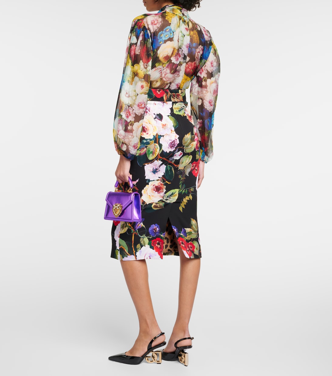 Gonna midi Rose Garden in charmeuse | Dolce&Gabbana
