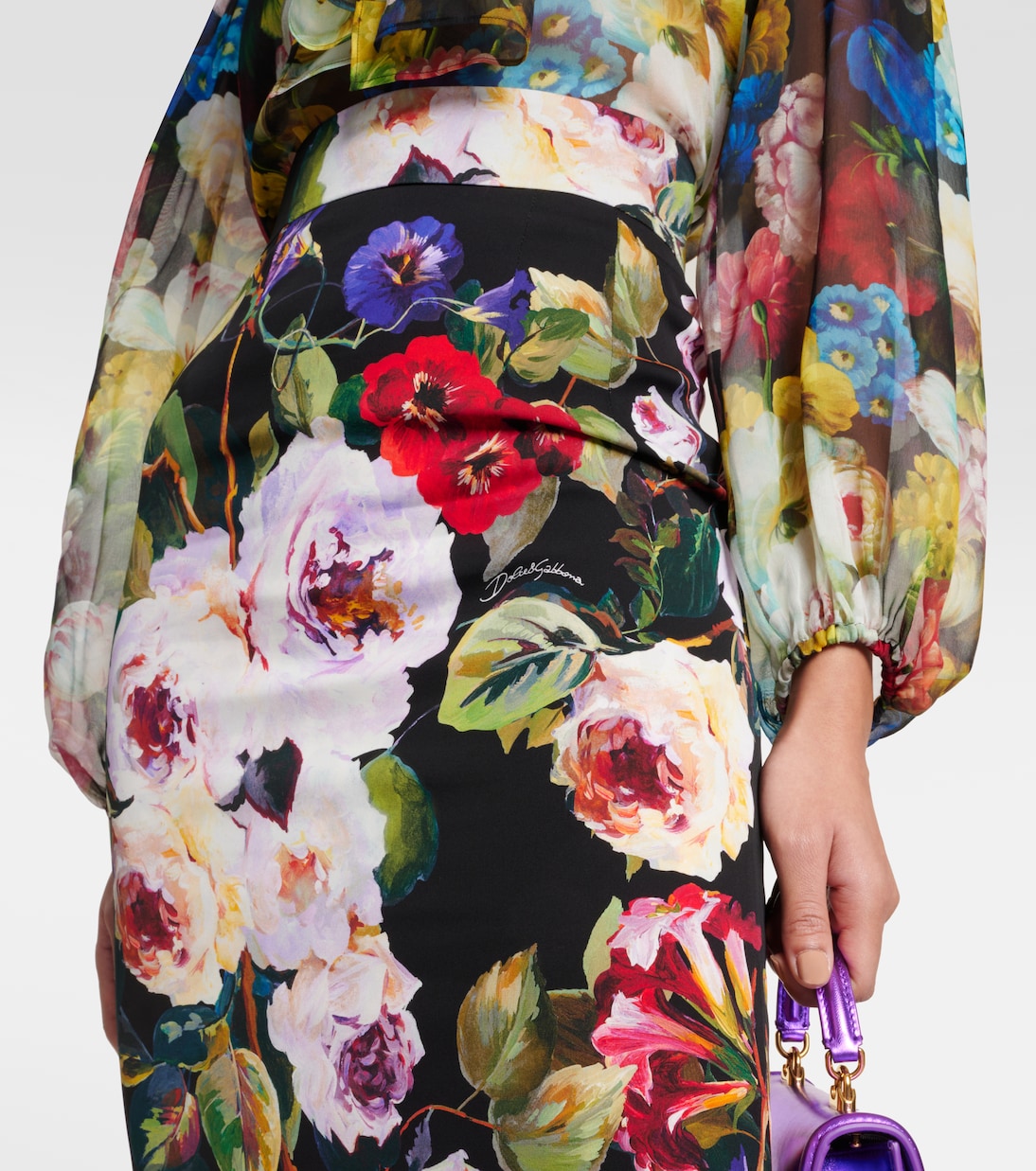 Gonna midi Rose Garden in charmeuse | Dolce&Gabbana