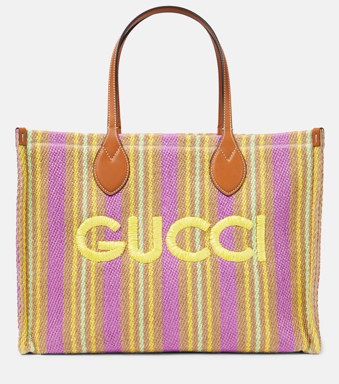 Striped leather trimmed tote bag in multicoloured Gucci Mytheresa
