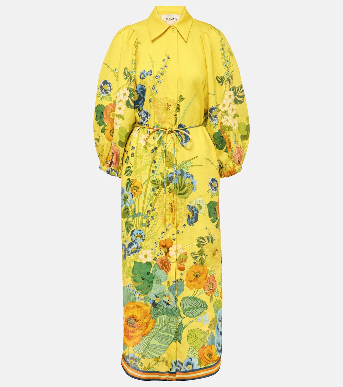 Floral puff-sleeve linen midi dress | Alémais