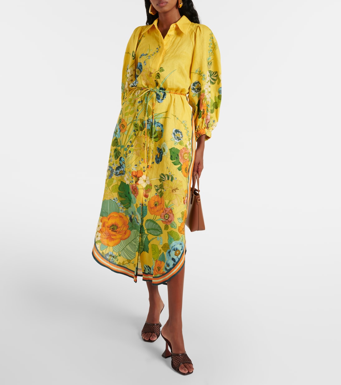 Floral puff-sleeve linen midi dress | Alémais