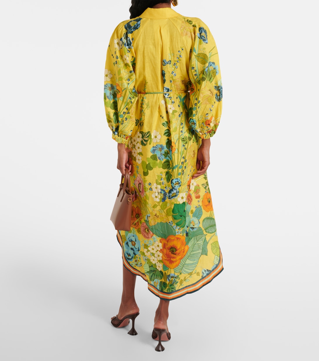 Floral puff-sleeve linen midi dress | Alémais
