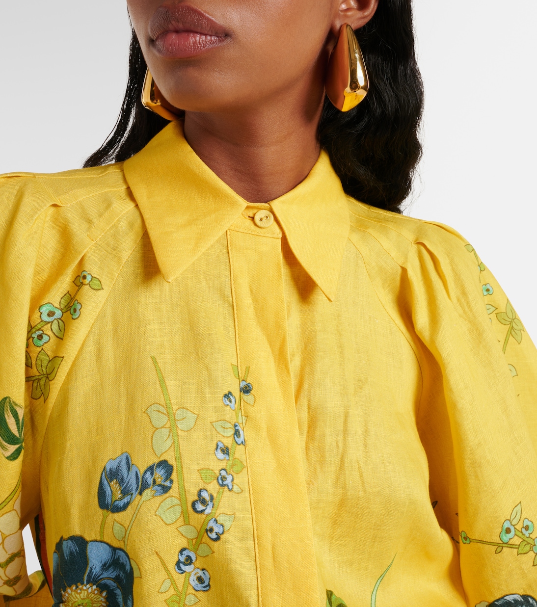 Floral puff-sleeve linen midi dress | Alémais