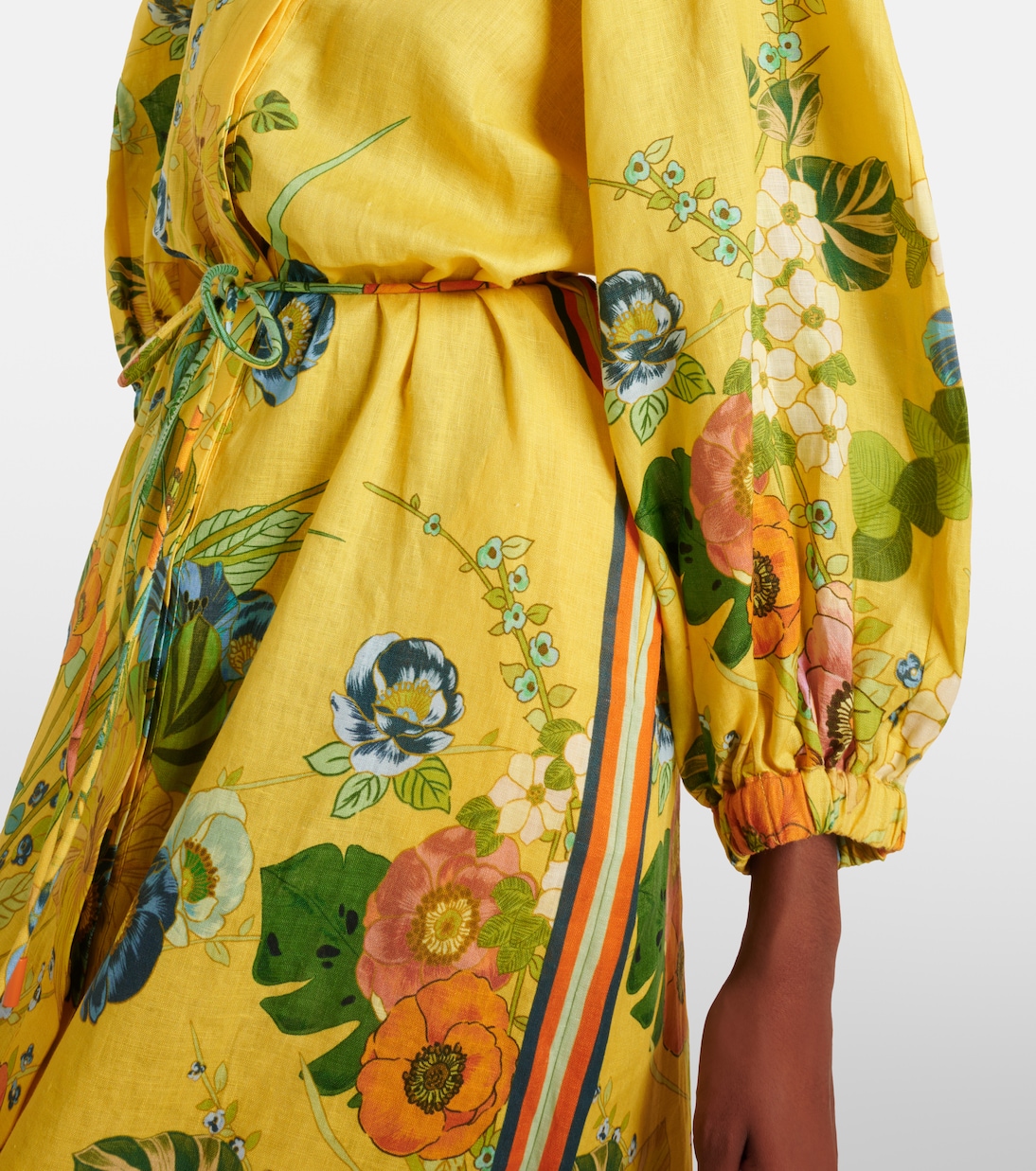 Floral puff-sleeve linen midi dress | Alémais