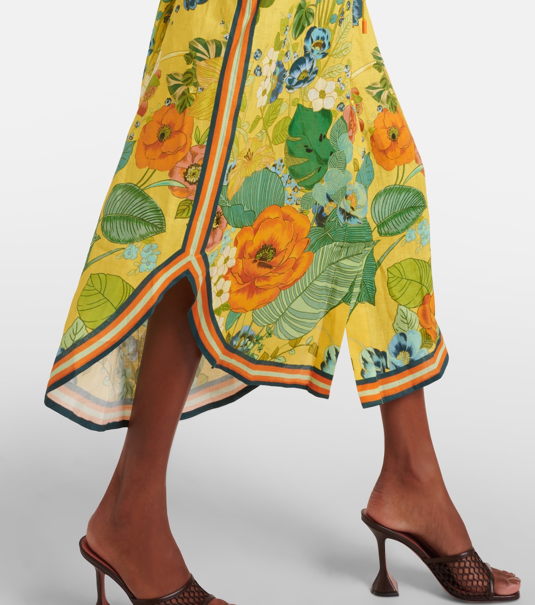 Floral puff-sleeve linen midi dress | Alémais