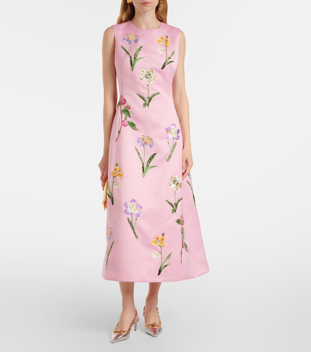 Robe midi à fleurs brodée en satin | Leo Lin
