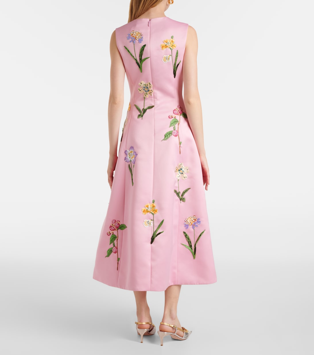 Robe midi à fleurs brodée en satin | Leo Lin