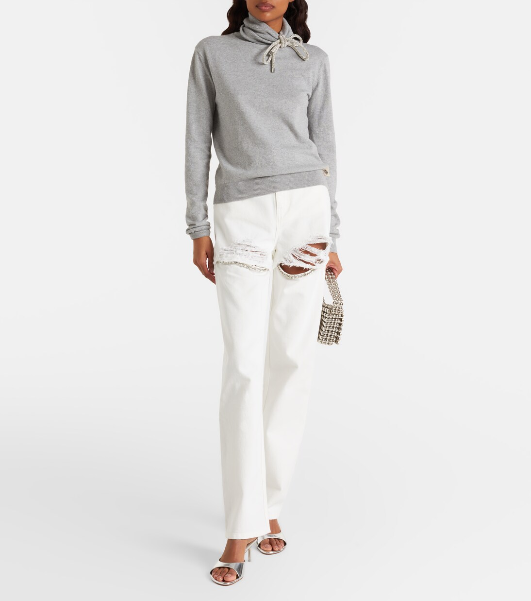 Distressed embellished wide-leg jeans | Area