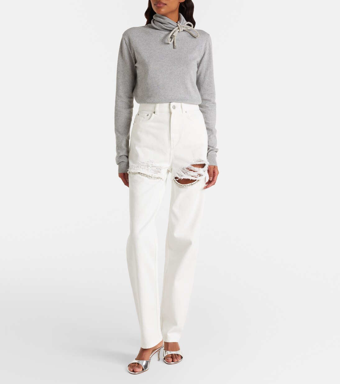 Distressed embellished wide-leg jeans | Area