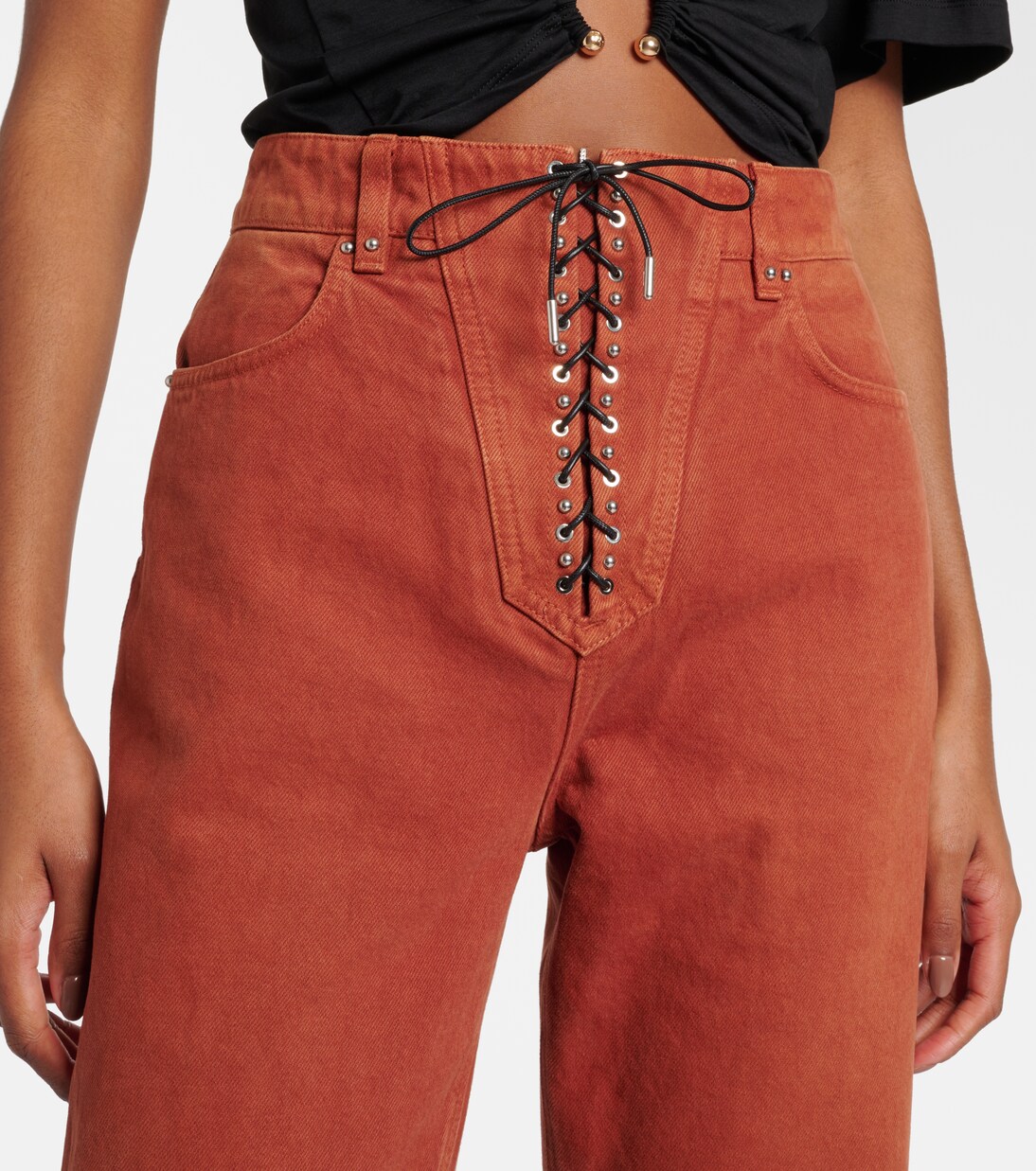 Jeans Rectos de Corte Alto con Detalle de Cordones de Rabanne para Jóvenes Modernos