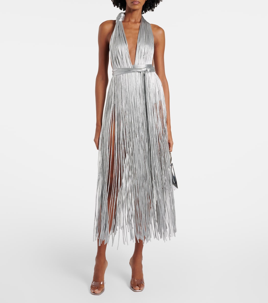 Fringed metallic-effect jersey gown | Area
