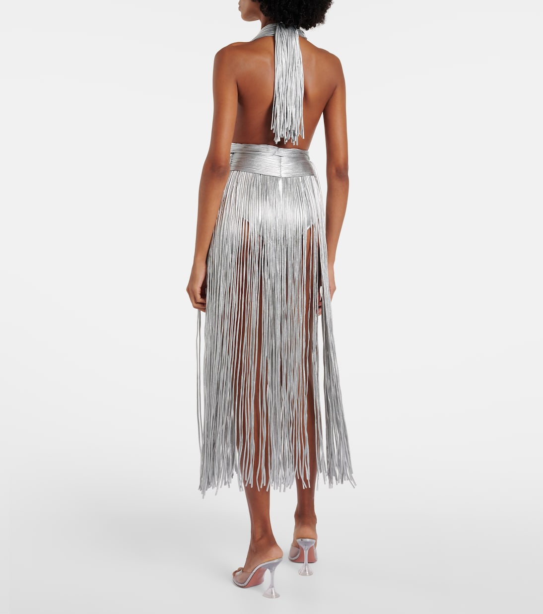 Fringed metallic-effect jersey gown | Area