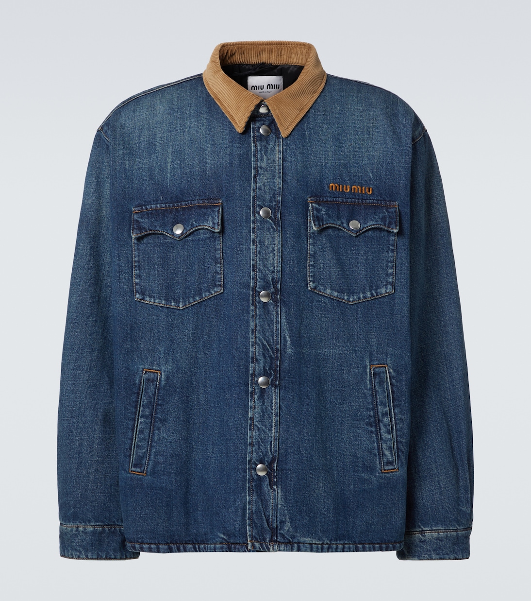 Corduroy-trimmed denim down jacket  | Miu Miu