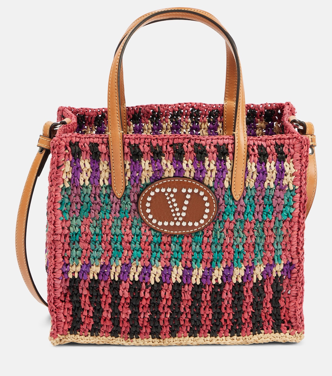 VLogo Small leather-trimmed raffia tote bag | Valentino Garavani