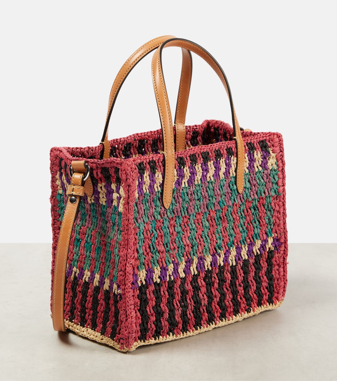 VLogo Small leather-trimmed raffia tote bag | Valentino Garavani