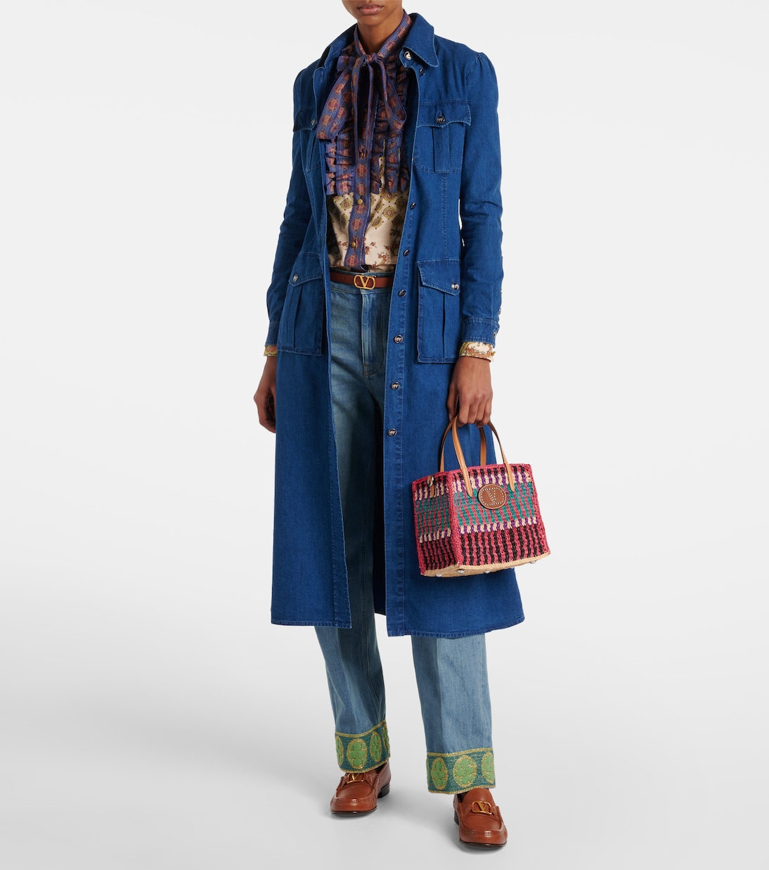 VLogo Small leather-trimmed raffia tote bag | Valentino Garavani