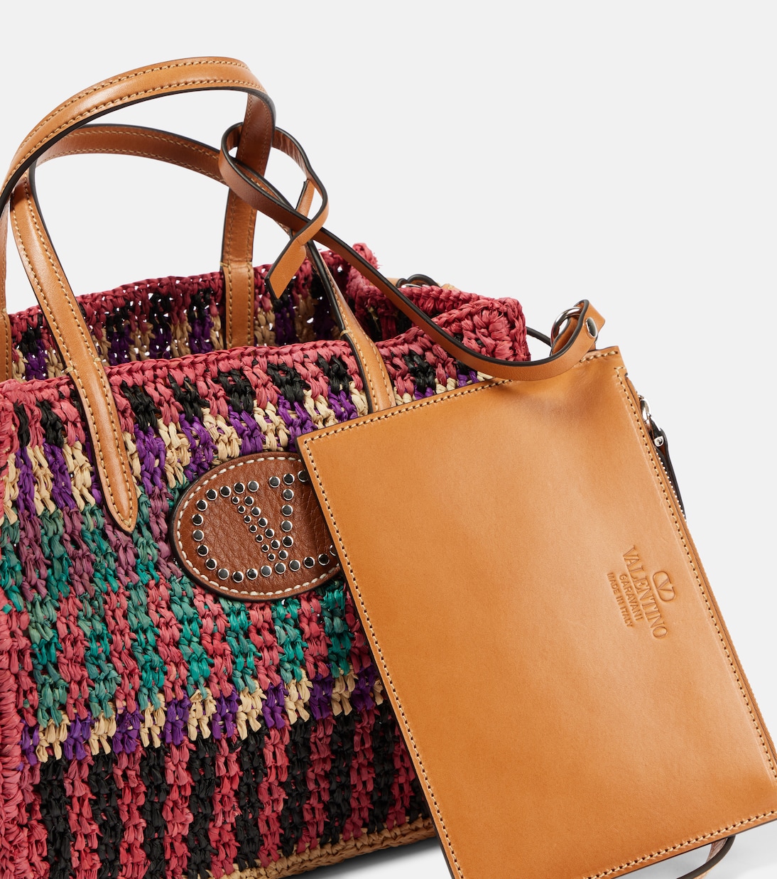VLogo Small leather-trimmed raffia tote bag | Valentino Garavani