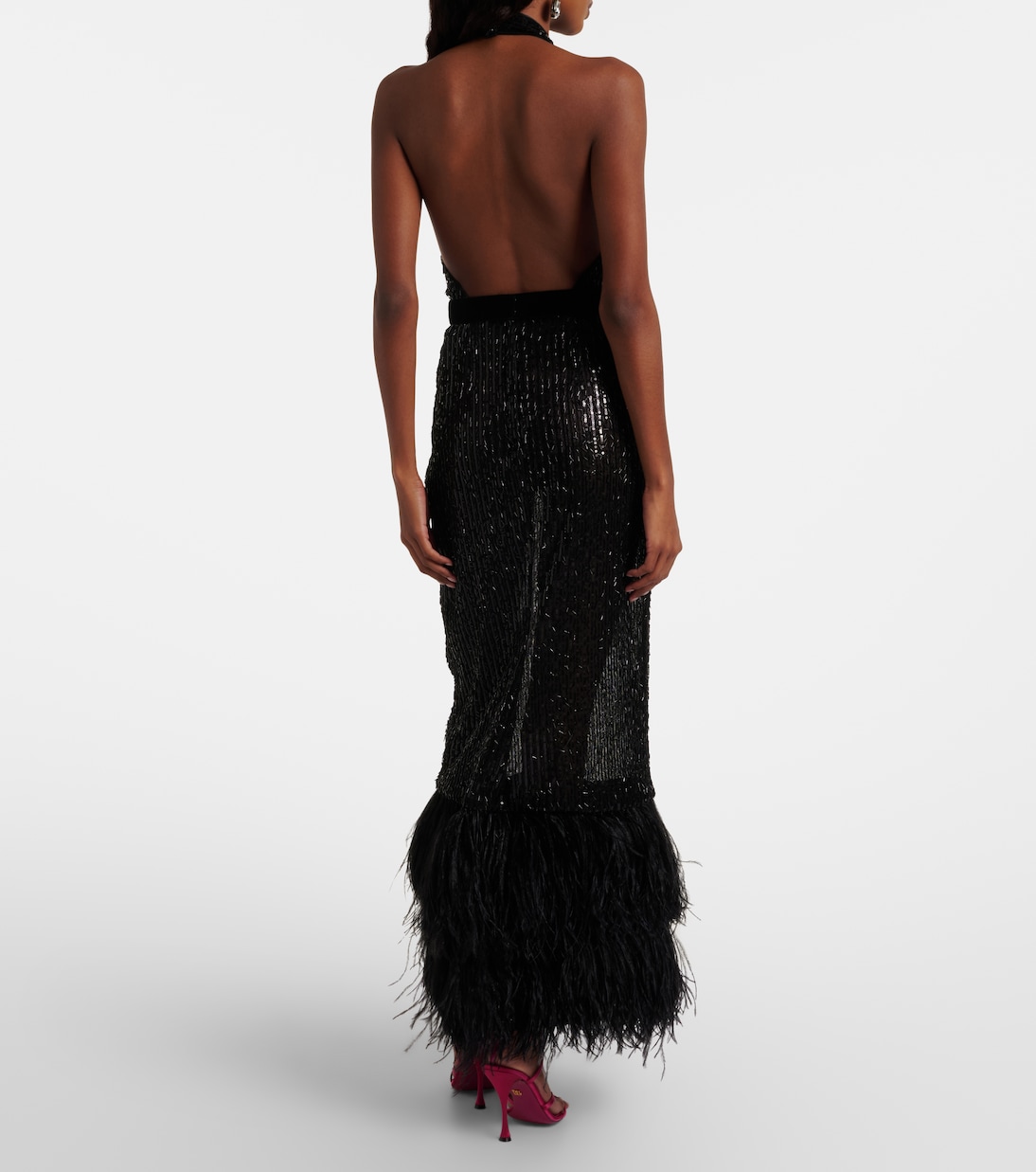 Vestido de fiesta transparente con lentejuelas y plumas | Dolce&Gabbana