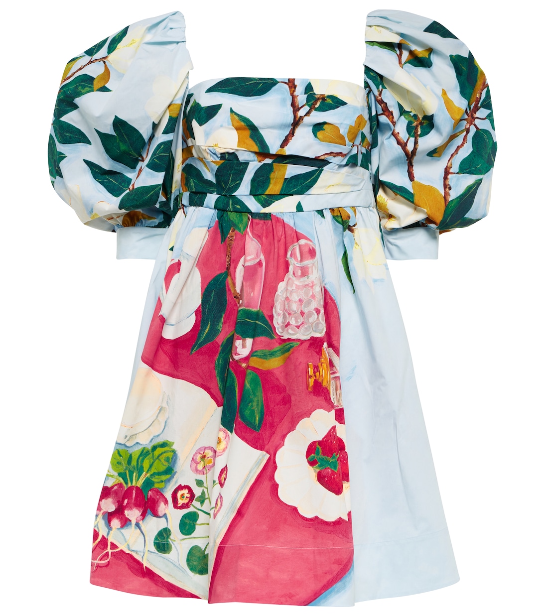 Tablescape puff-sleeve cotton poplin minidress | Oscar de la Renta