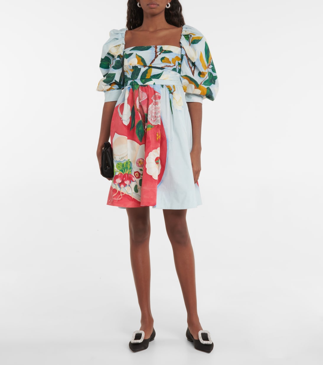 Tablescape puff-sleeve cotton poplin minidress | Oscar de la Renta
