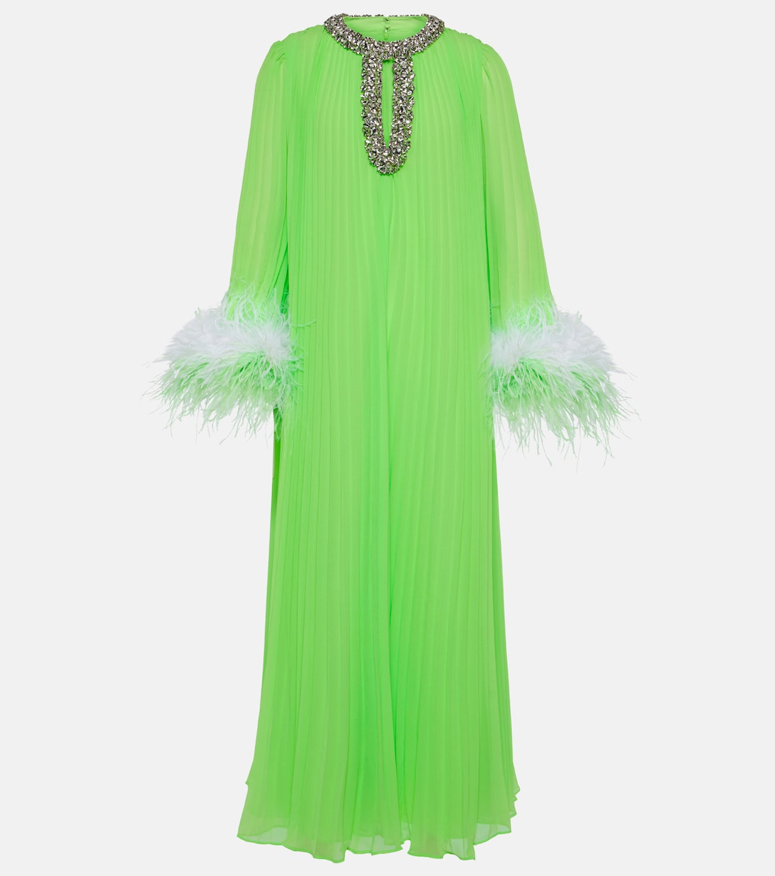 Pleated feather-trimmed chiffon gown | Self-Portrait