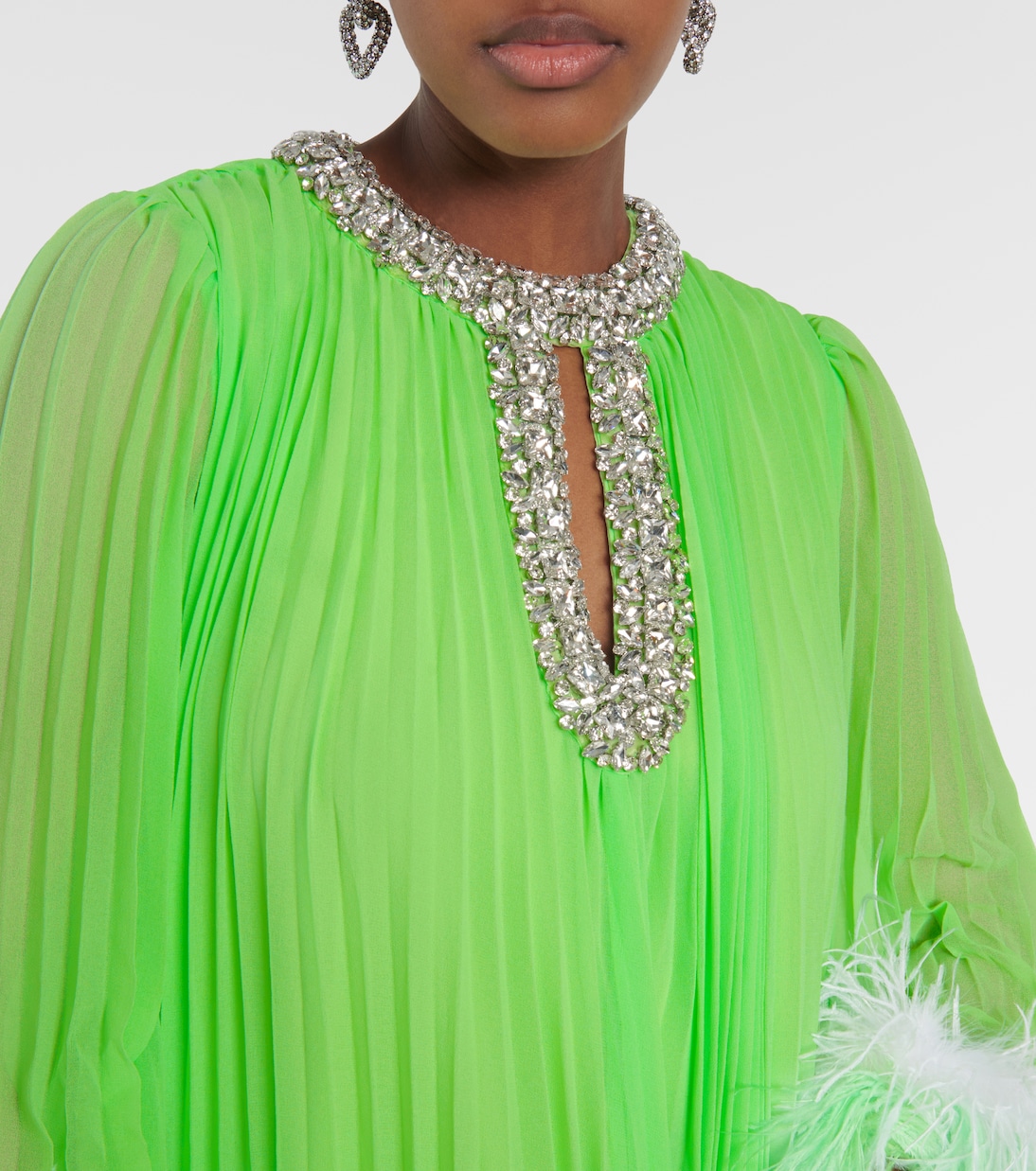 Pleated feather-trimmed chiffon gown | Self-Portrait