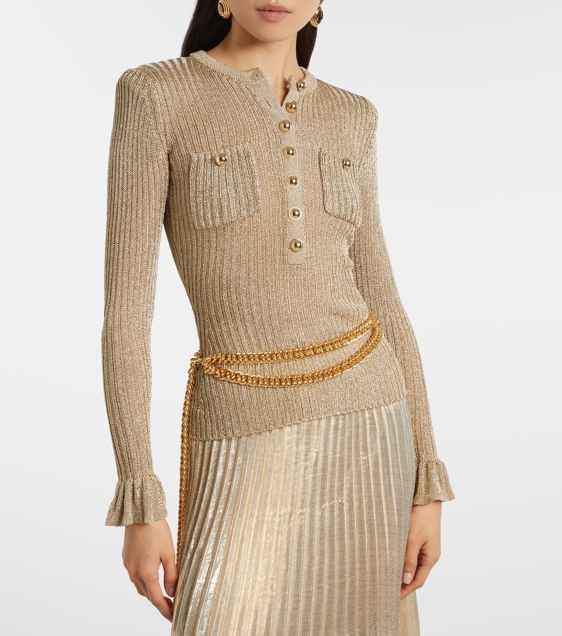 Ribbed-knit lamé plissé maxi dress | Self-Portrait