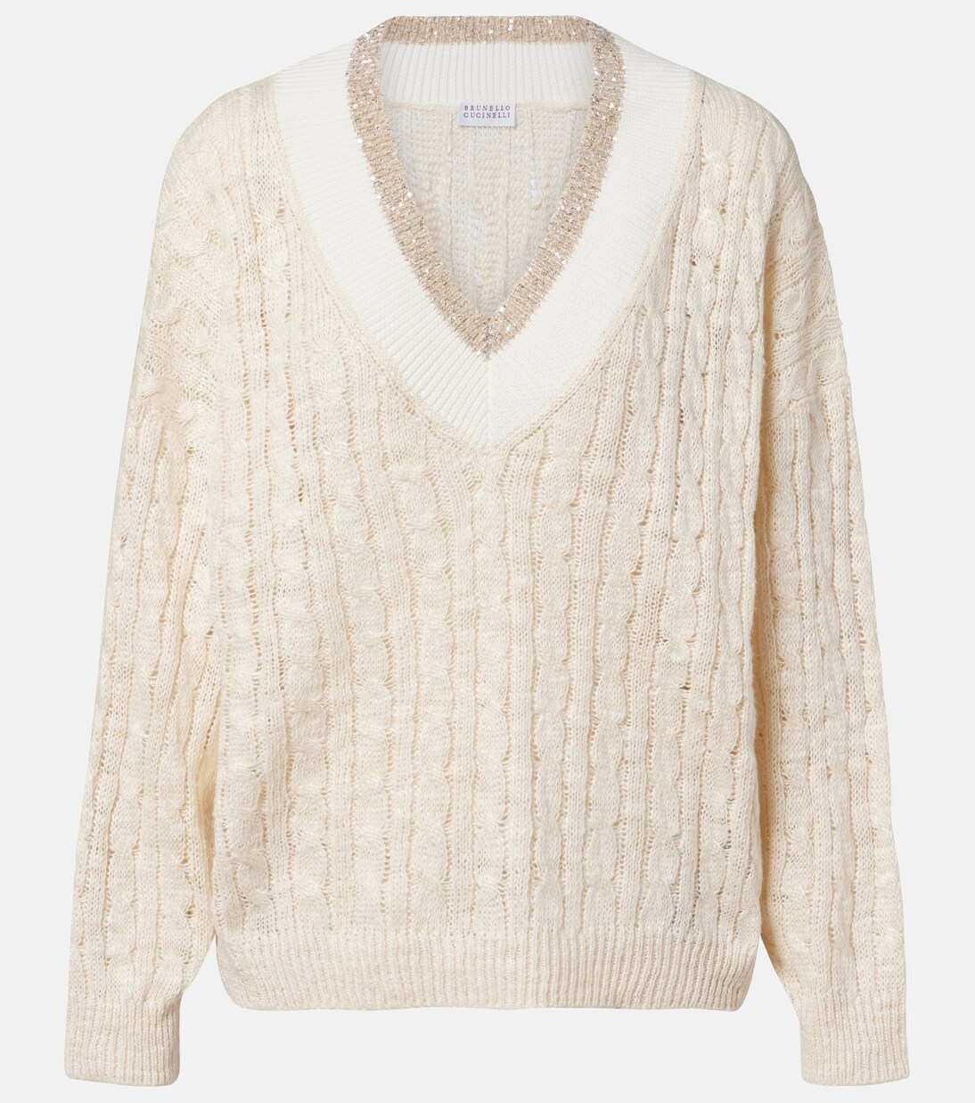 Cable-knit sequined hemp, silk, and cotton sweater | Brunello Cucinelli