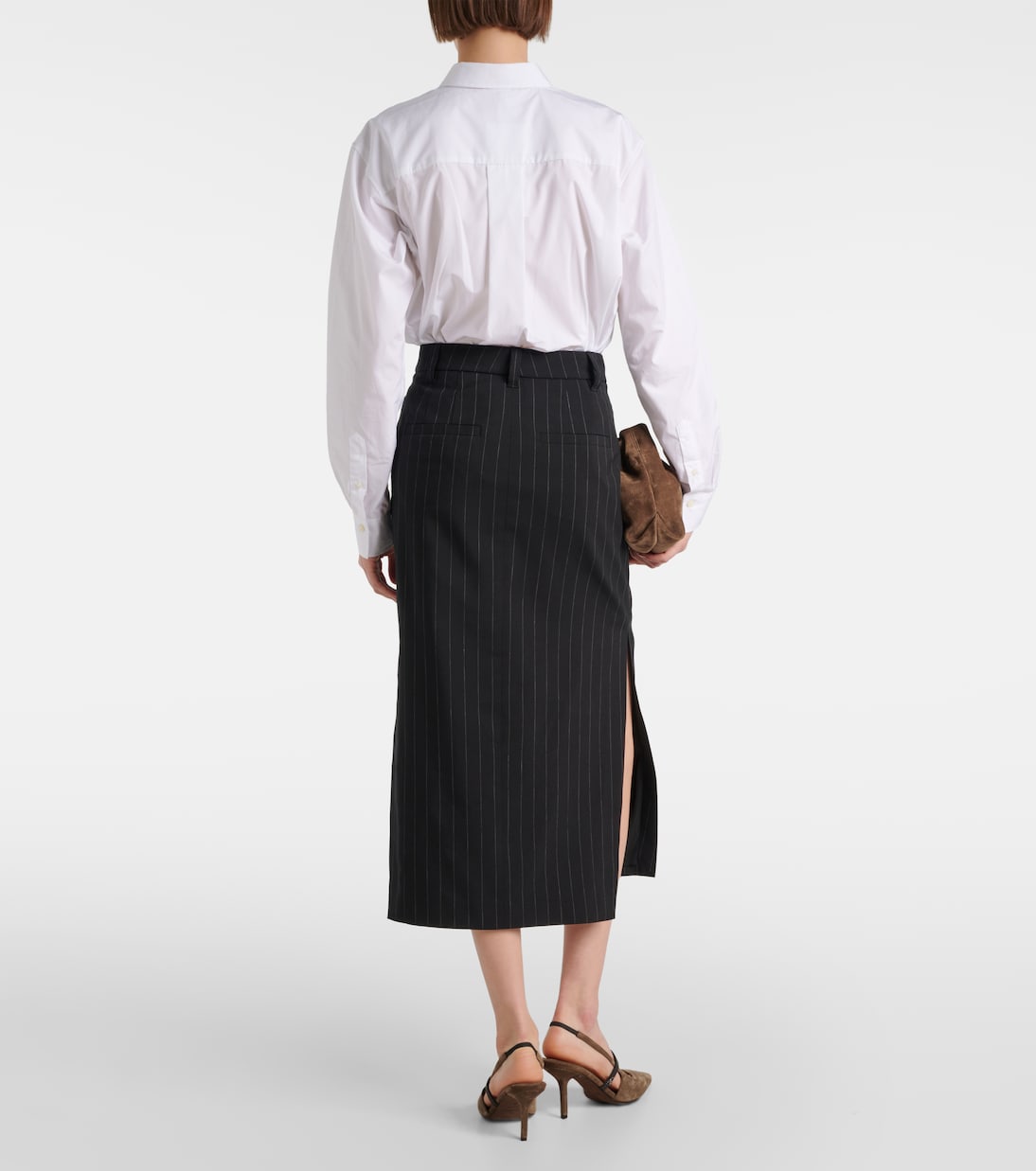 Jupe midi rayée en laine et coton | Brunello Cucinelli