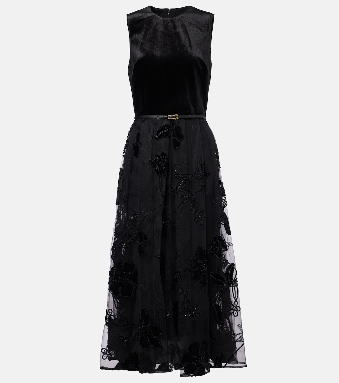 Embroidered tulle and velvet midi dress | Elie Saab