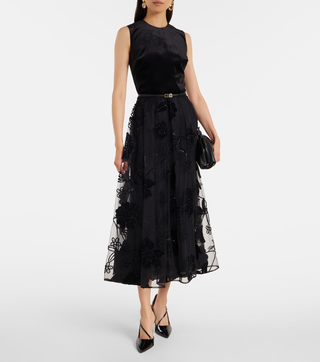 Embroidered tulle and velvet midi dress | Elie Saab