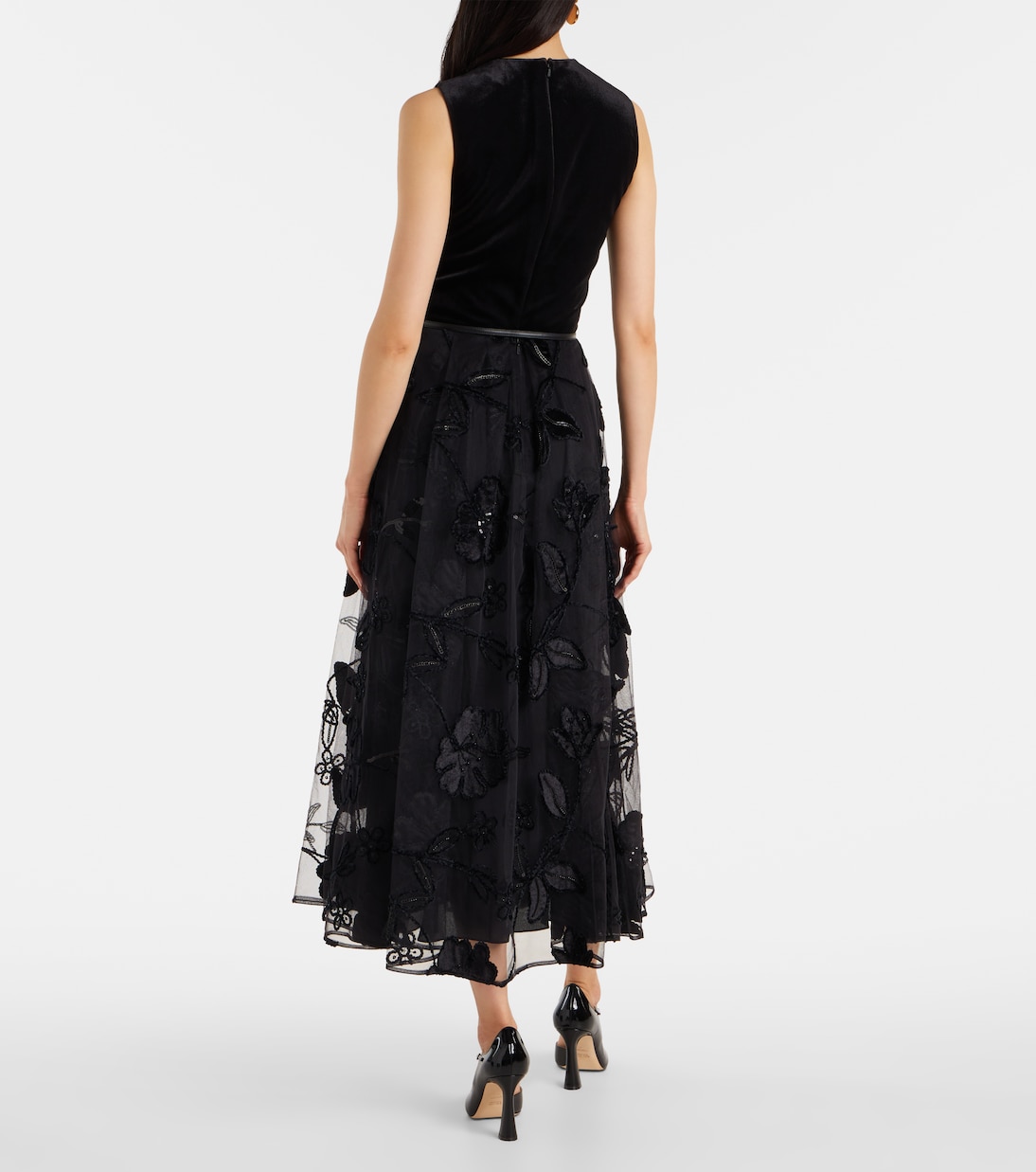 Embroidered tulle and velvet midi dress | Elie Saab