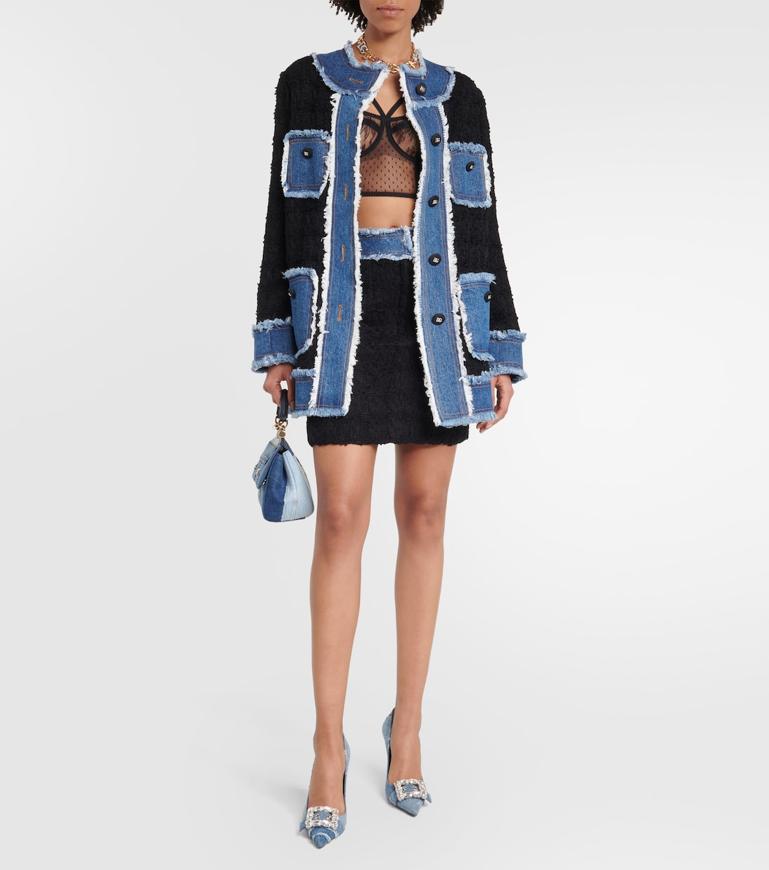 Minifalda de bouclé con ribete en denim | Dolce&Gabbana